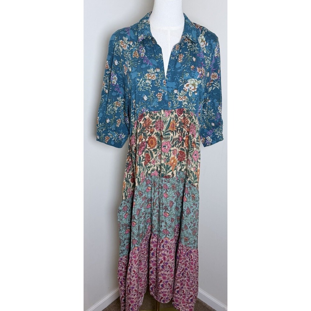 Natural Life M Maxi Dress Boho Floral Tiered Patchwork Cottagecore Button